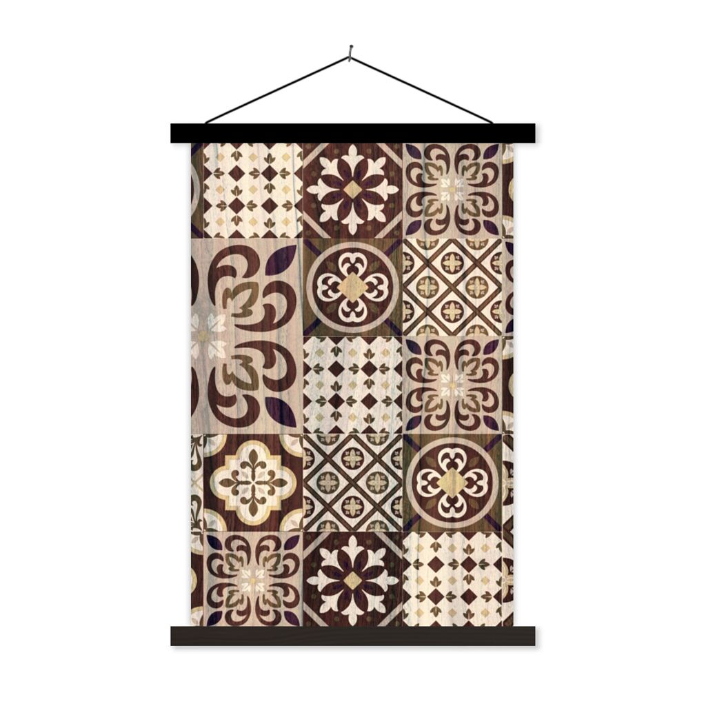 MuchoWow Textilposter Retro - Muster - Braun - Abstrakt 40x60 cm mit schwarzem Rahmen - Wanddekorationen