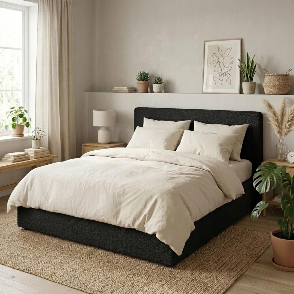 Komvortowy | Polsterbett 160x200 Cm | BOUCLÉ | Doppelbett Mit Metall-Lattenrost & Gasdruckfeder | SCHWARZ | Bettkasten Ohne Bodenplatte | Stauraum...