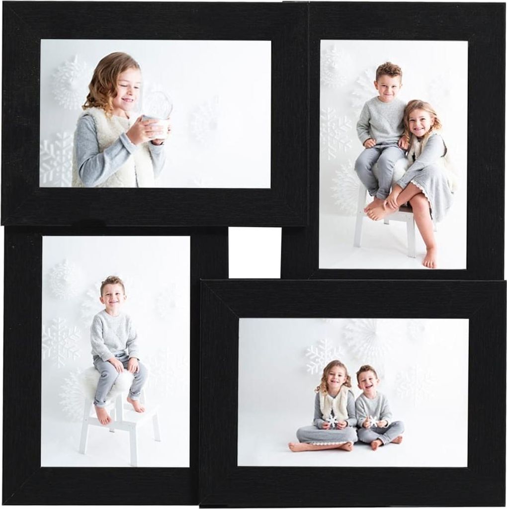 A collage of four photos of children in a studio setting with snowflake decorations, displayed in a black multi-photo frame.