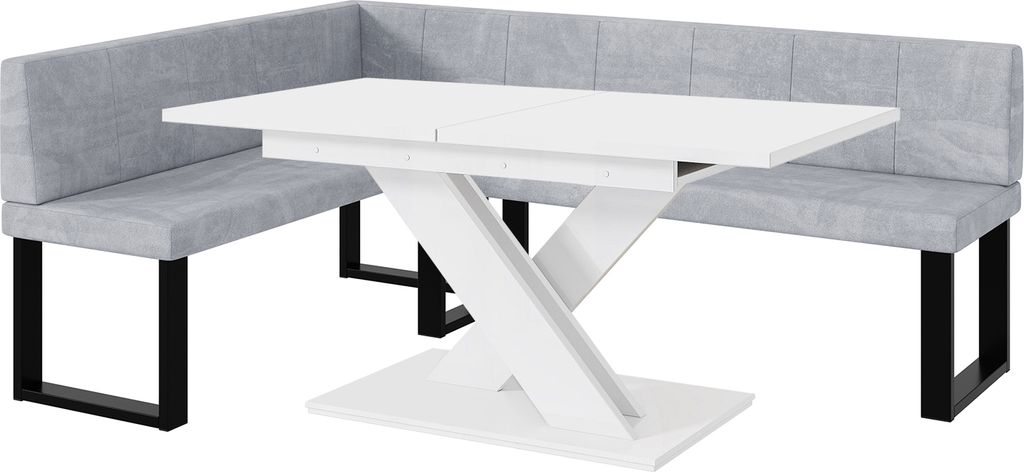 MEBLINI Eckbank für Esszimmer mit ausziehbarem Tisch - Küchenbank - Essecke - Sitzecke Küche - PETER - U-Beine 142x196x87cm Links - Hellgrau Sam...