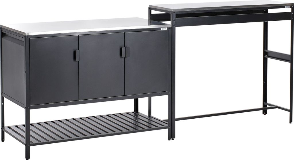 BELIANI Outdoor-Küche 2er Set Schwarz Stahl mit Bartisch Edelstahlplatte Modern Gartenküche Outdoor-Küchenmöbel Kücheninsel für Garten Draußen