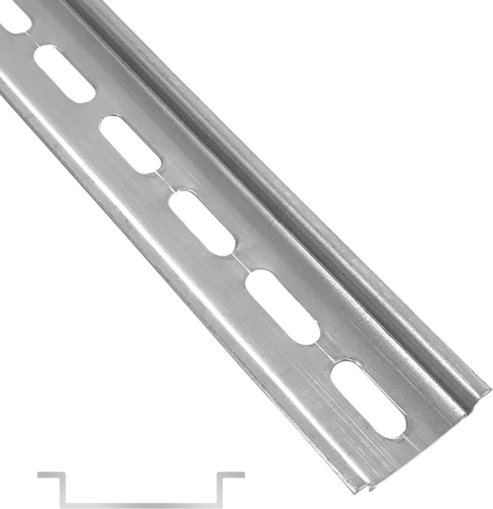 A close-up, angled view of a metal mounting rail with oval slots.