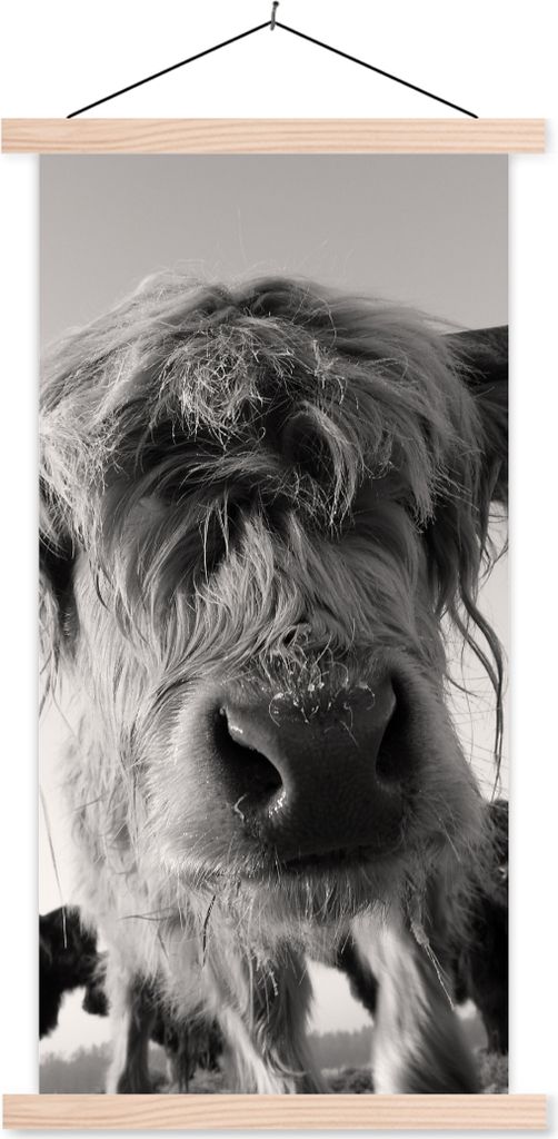 MuchoWow Textilposter Schottisches Hochlandrind - Schwarz - Weiß - Tiere 60x120 cm mit holzfarbenen Rahmen - Holz
