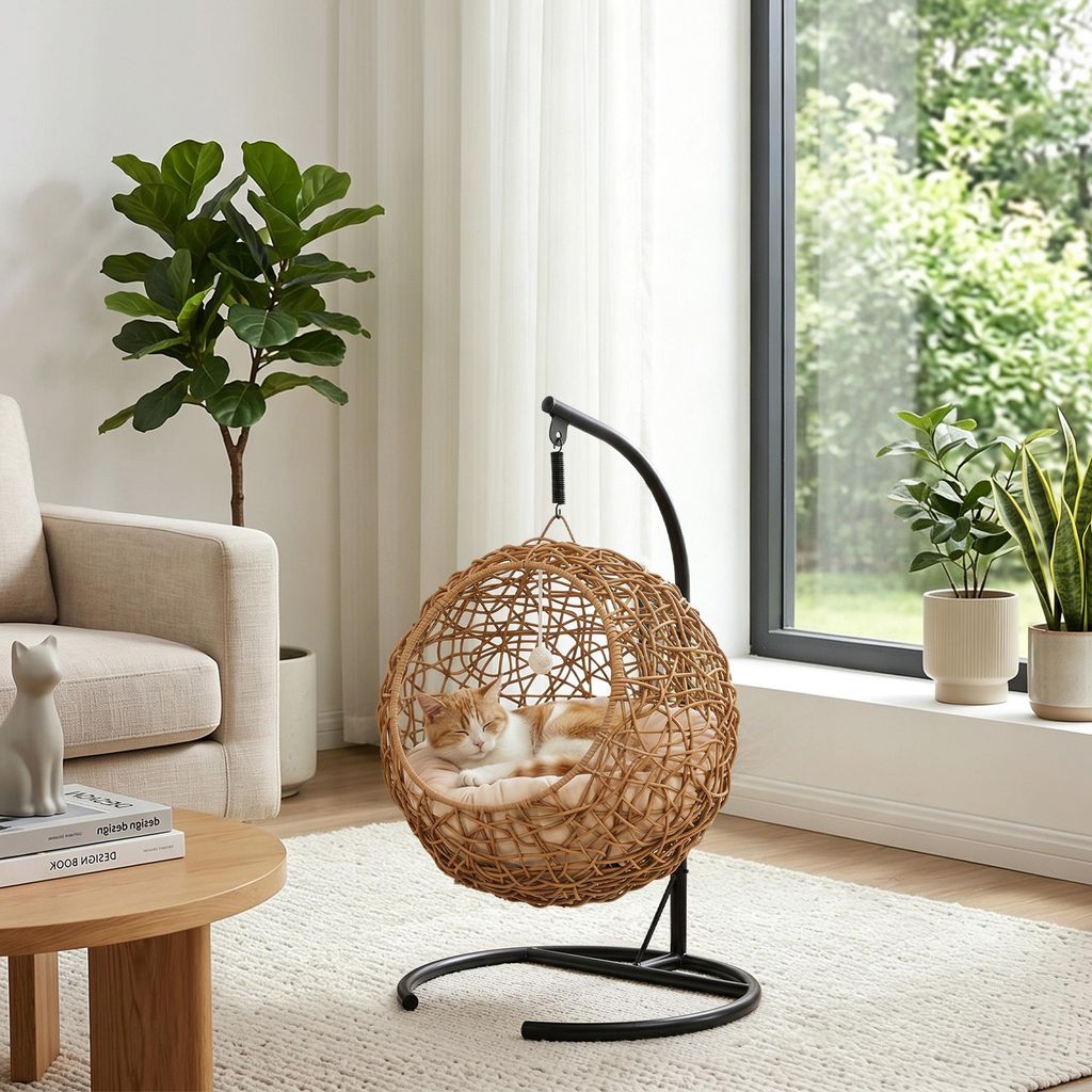 Katzenbett PE-Rattan, Katzenhöhle mit waschbarem Kissen und Spielball, Katzenkorb, Hellbraun | 45 x 41 x 75 cm | bis 10 kg