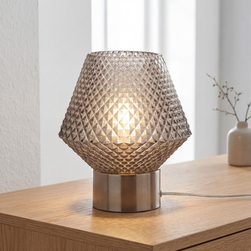 Tischleuchte Rauchglas Metall E27 17,5 cm Chrom Rauchgrau Art Déco