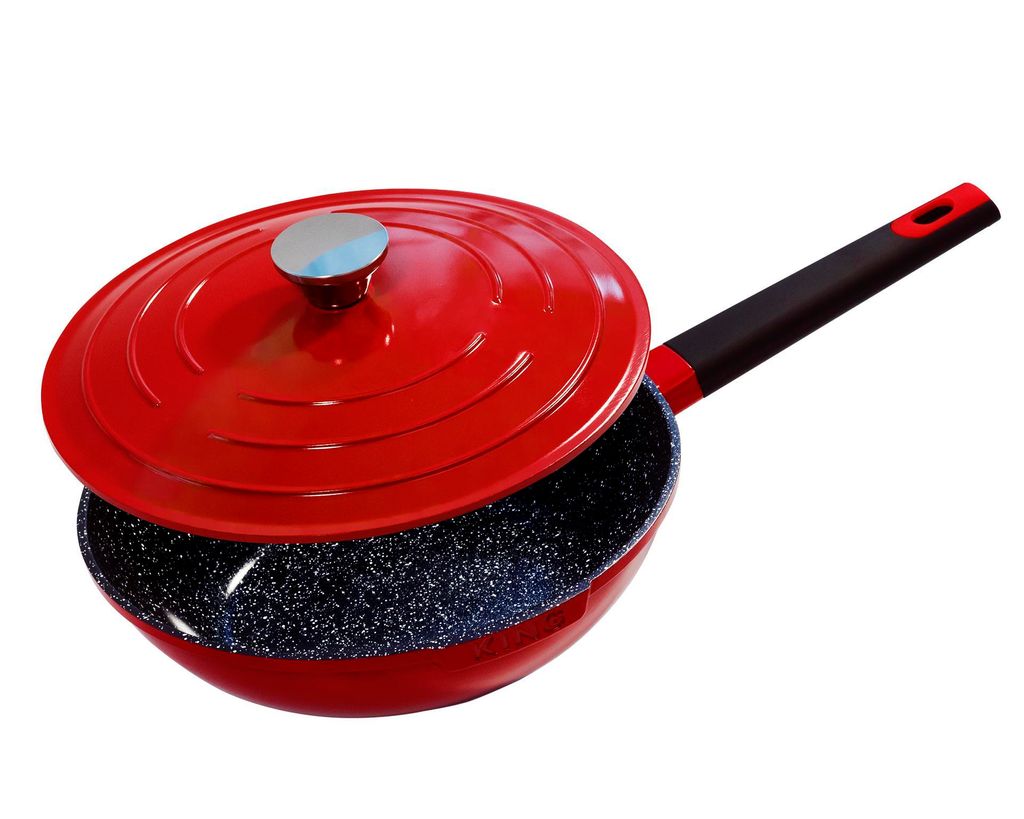 Ø28cm Hochpfanne / WOK-Pfanne ca. 8cm hoch KING SHINE RED aus Aluguss mit Keramikbeschichtung Innen: FUSION TI / mit Deckel / mit Soft-Grip Pfan...