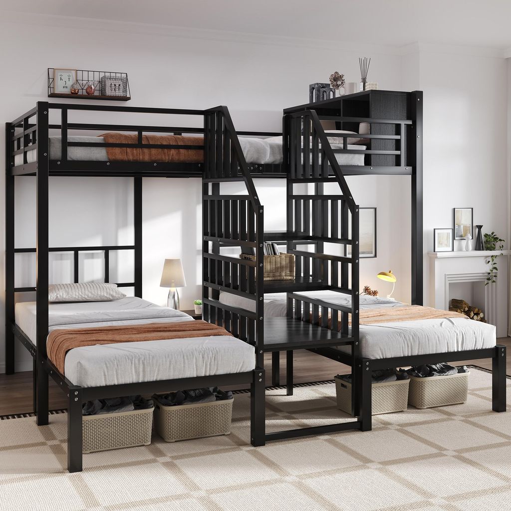 A black metal bunk bed with three sleeping areas and stairs in a room.