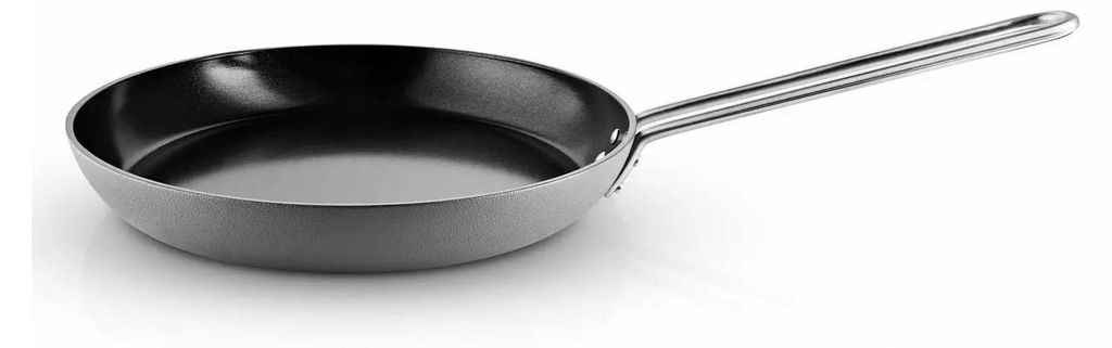 A close-up, studio shot of a frying pan on a white background.