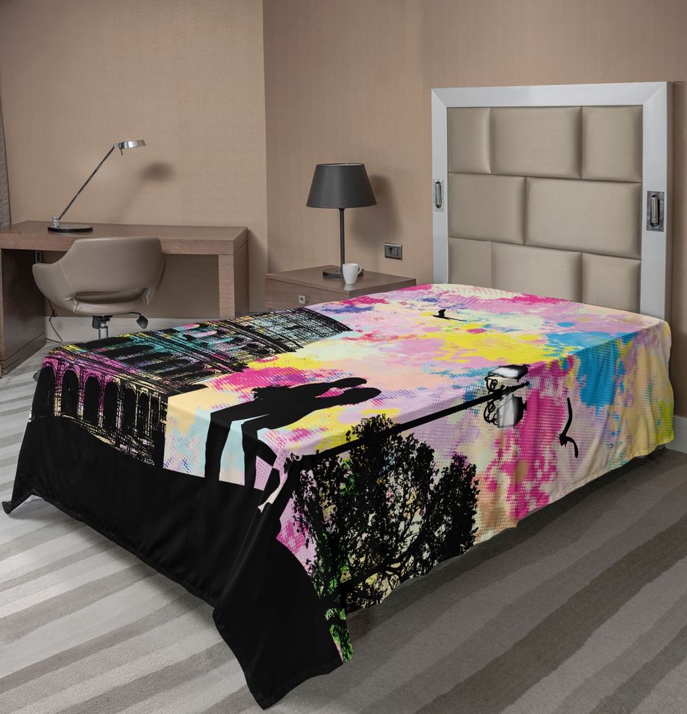 ABAKUHAUS Rom Bettlaken, Paar Silhouette Liebe Themed Colosseum mit bunten Spritzen Kreative Design Himmel, weiches bequemes oberes Bettlaken für ...