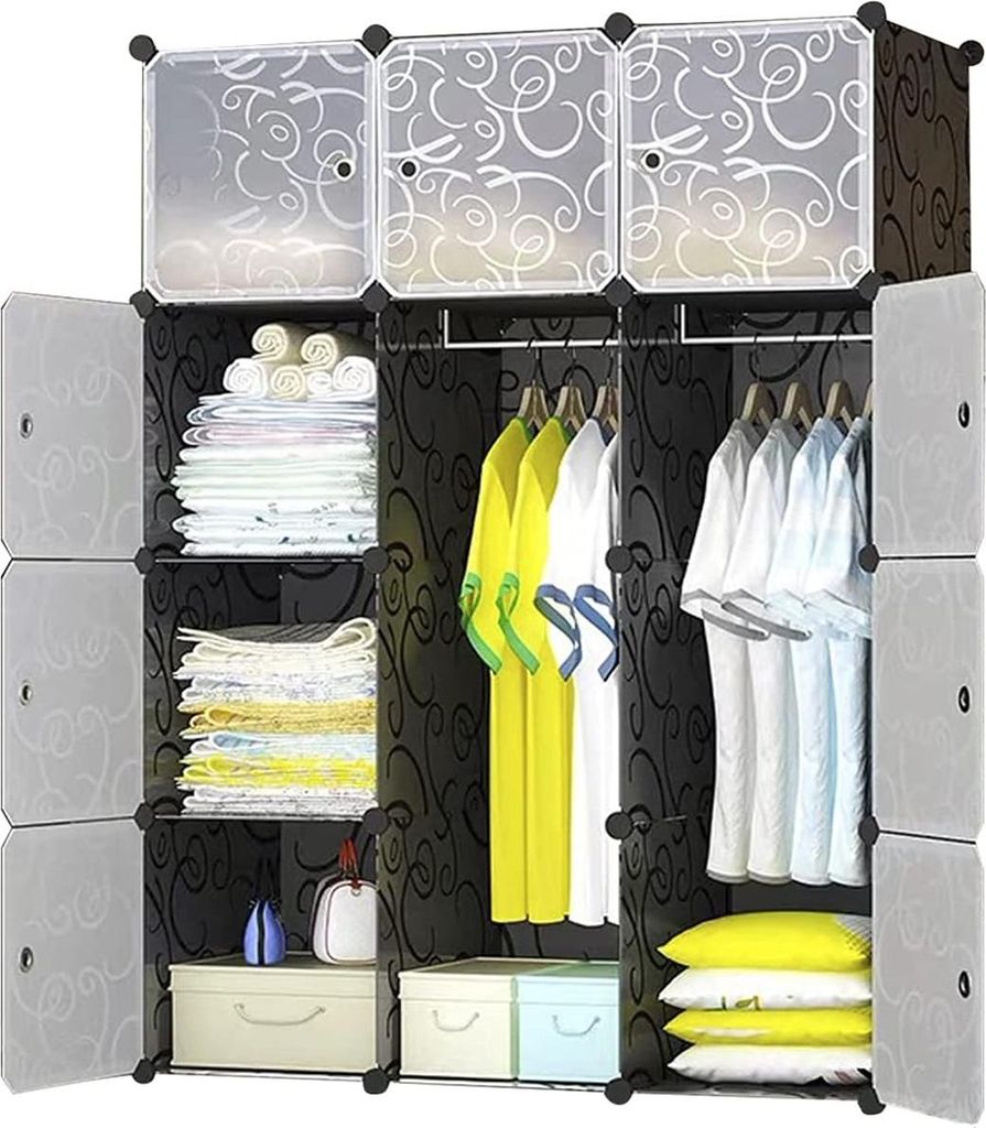 Kleiderschrank mit 12 Kuben, Garderobenschrank, Steckregalsystem, Kunststoffschrank mit Türen und 2 Kleiderstangen, tiefere Fächer als normal (45...