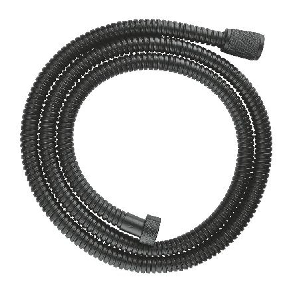 A black shower hose coiled on a white background.
