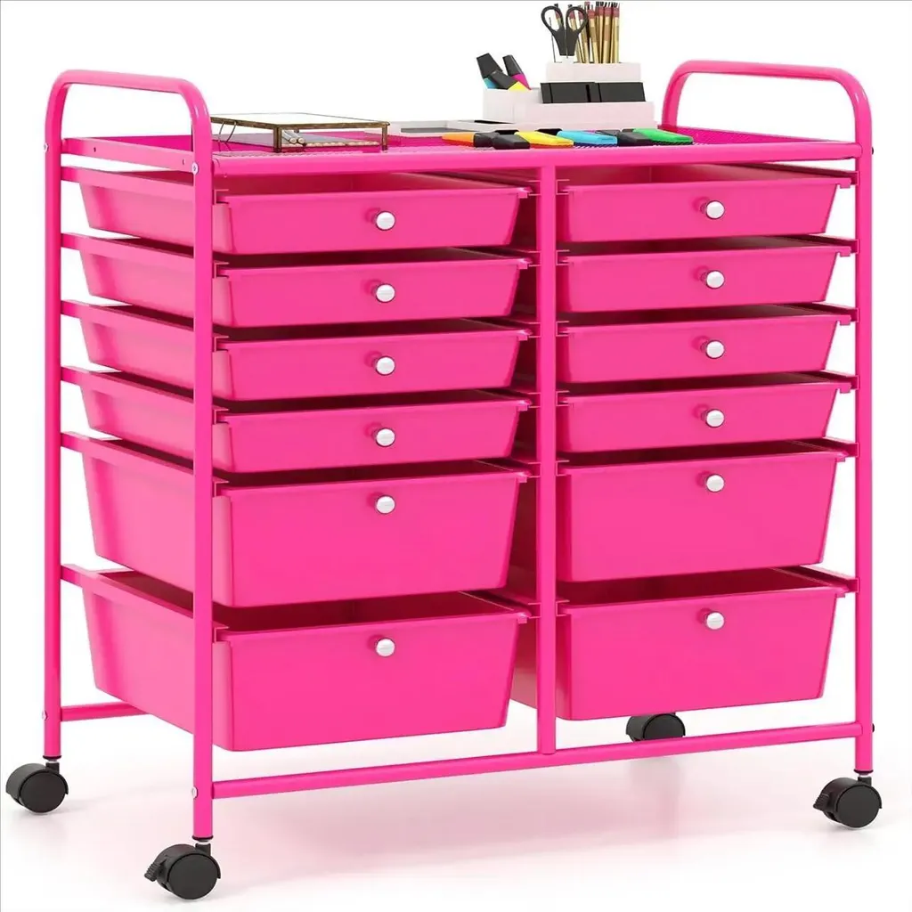 En finir avec le désordre : Chariot de tri rose 12 tiroirs sur roulettes