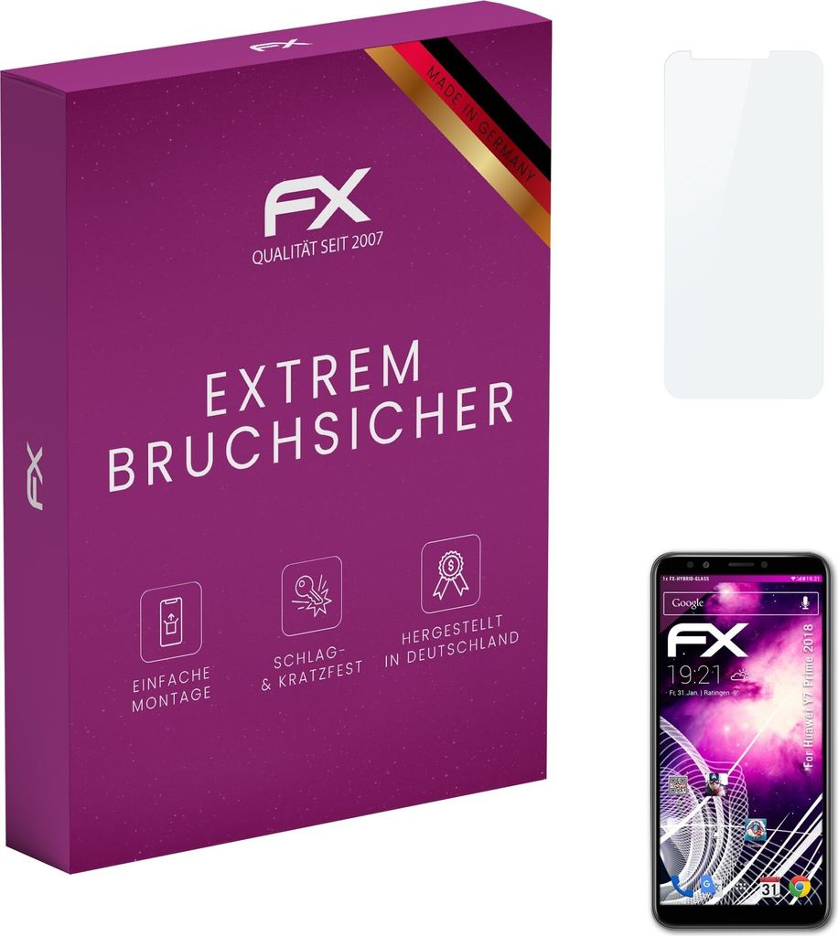 atFoliX FX-Hybrid-Glass Displayfolie kompatibel mit Huawei Y7 Prime 2018 Glasfolie