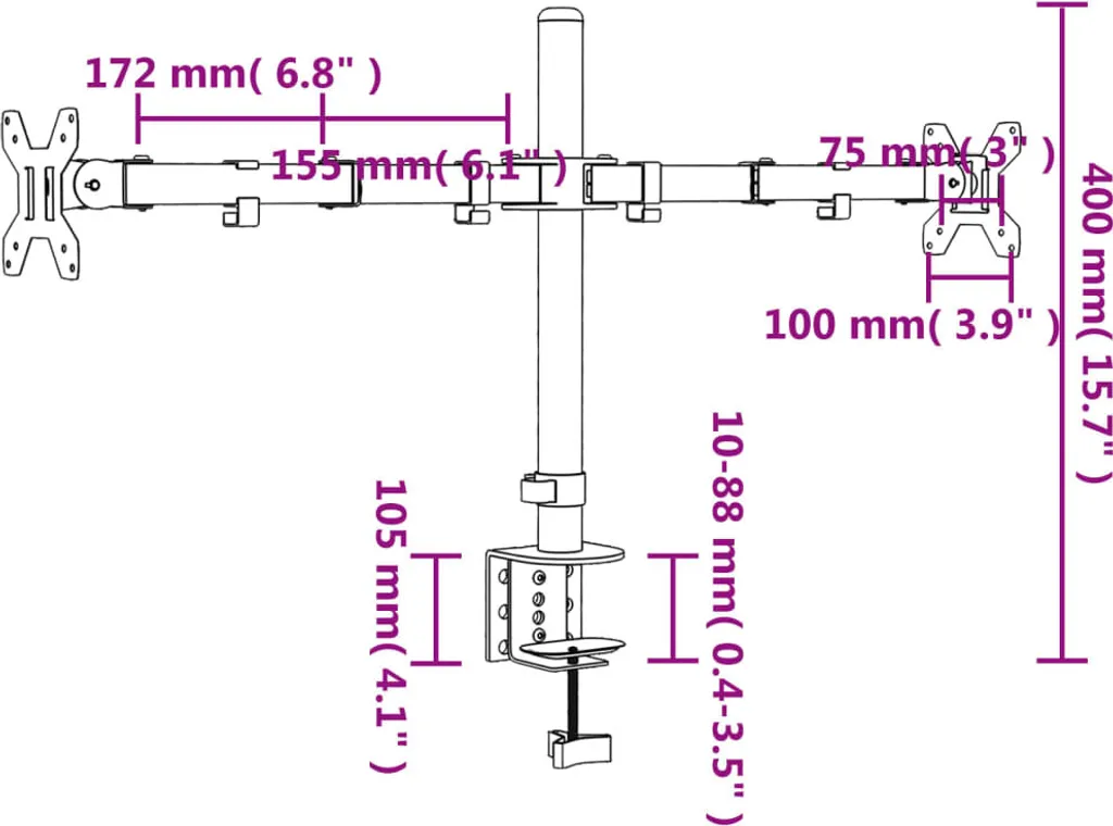 vidaXL Support de table pour 2 écrans Noir en Acier VESA 75/100 mm - 8