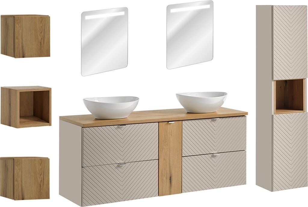 Set Doppelwaschtisch 140cm LED Spiegel Säule und 3 Hängeschränke Manoa Kaschmir und Holz