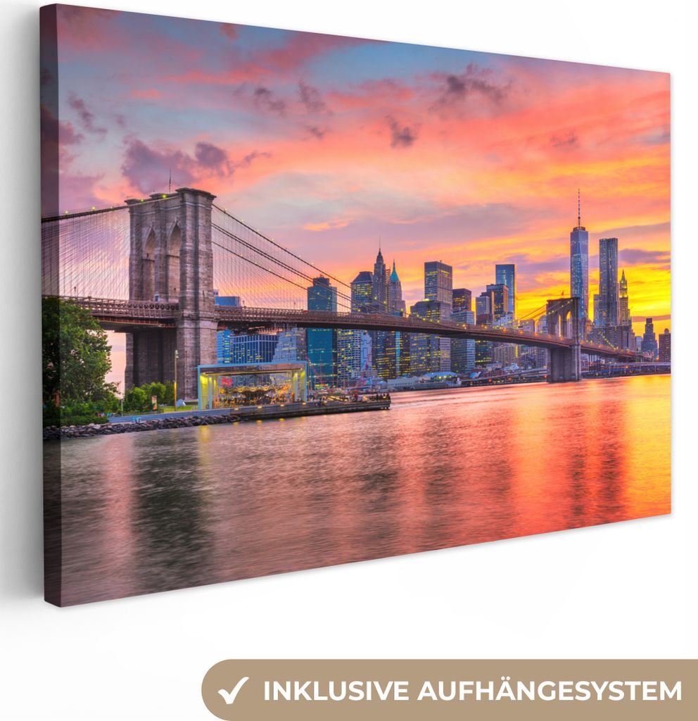 MuchoWow - Leinwandbilder - New York - Sonne - Brooklyn Bridge, Wandbild, Wanddeko Bilder Wohnzimmer, 120x80 cm