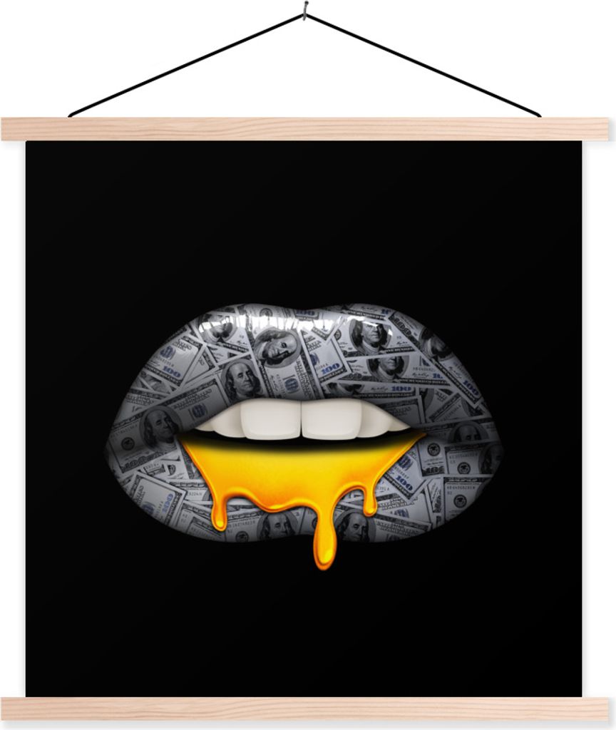 MuchoWow Textilposter Lippen - Geld - Schwarz und Weiß 40x40 cm mit holzfarbenen Rahmen - Posterleiste