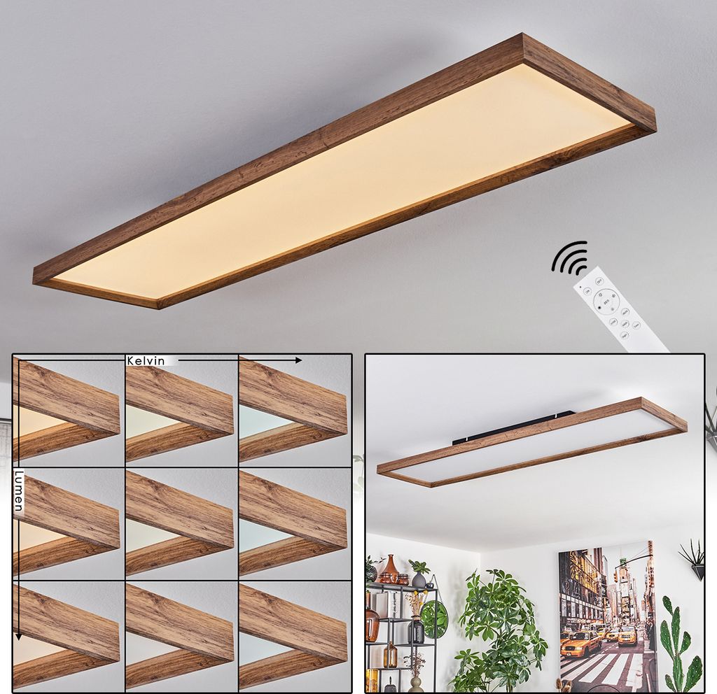 Pudiano dimmbare Deckenlampe aus Metall/MDF/Kunststoff, Schwarz/Holzoptik/Weiß