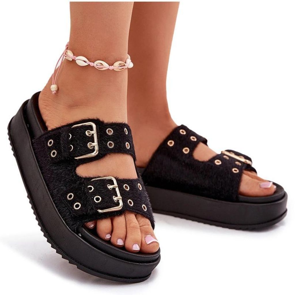 Damen Sandalen Mit Goldenen Schnallen Auf Plattform Schwarz Virvania 37