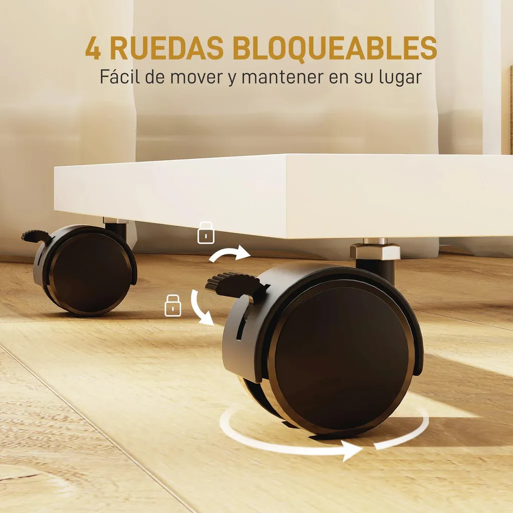 Table basse forme C à roulettes avec double rangement métal et naturel