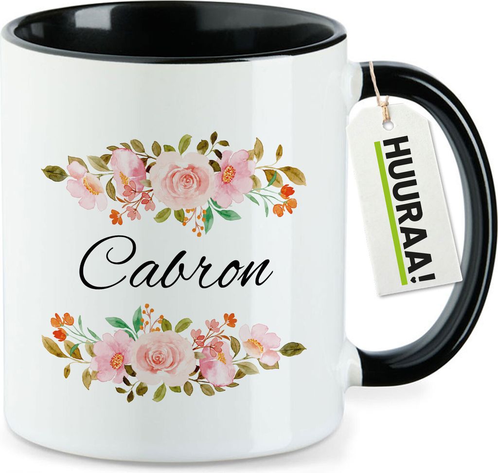 Huuraa Kaffeetasse Cabron spanisch Blumen 330ml Schwarz Keramik Kaffeebecher Geschenkidee