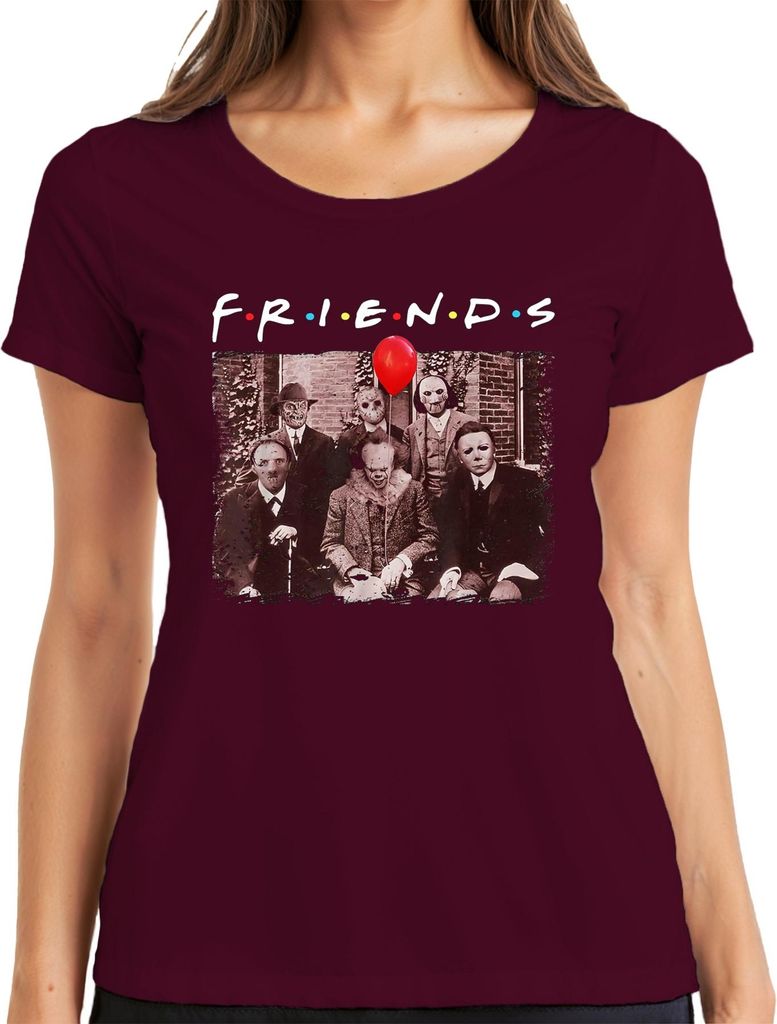 FRIENDS Horror Halloween Slasher Masken Pennywise Jason Freddy Damen T-Shirt, Burgundy, S