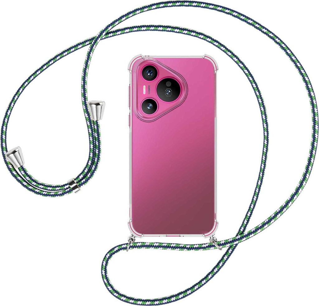Handykette Backcover-Schutzhülle mit Band (Metall silberfarben) für Huawei Pura 70 - grün/blau/weiß