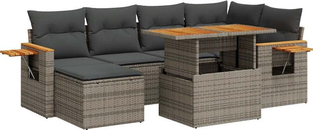 vidaXL 7-tlg. Garten-Sofagarnitur mit Kissen Grau Poly Rattan Akazie