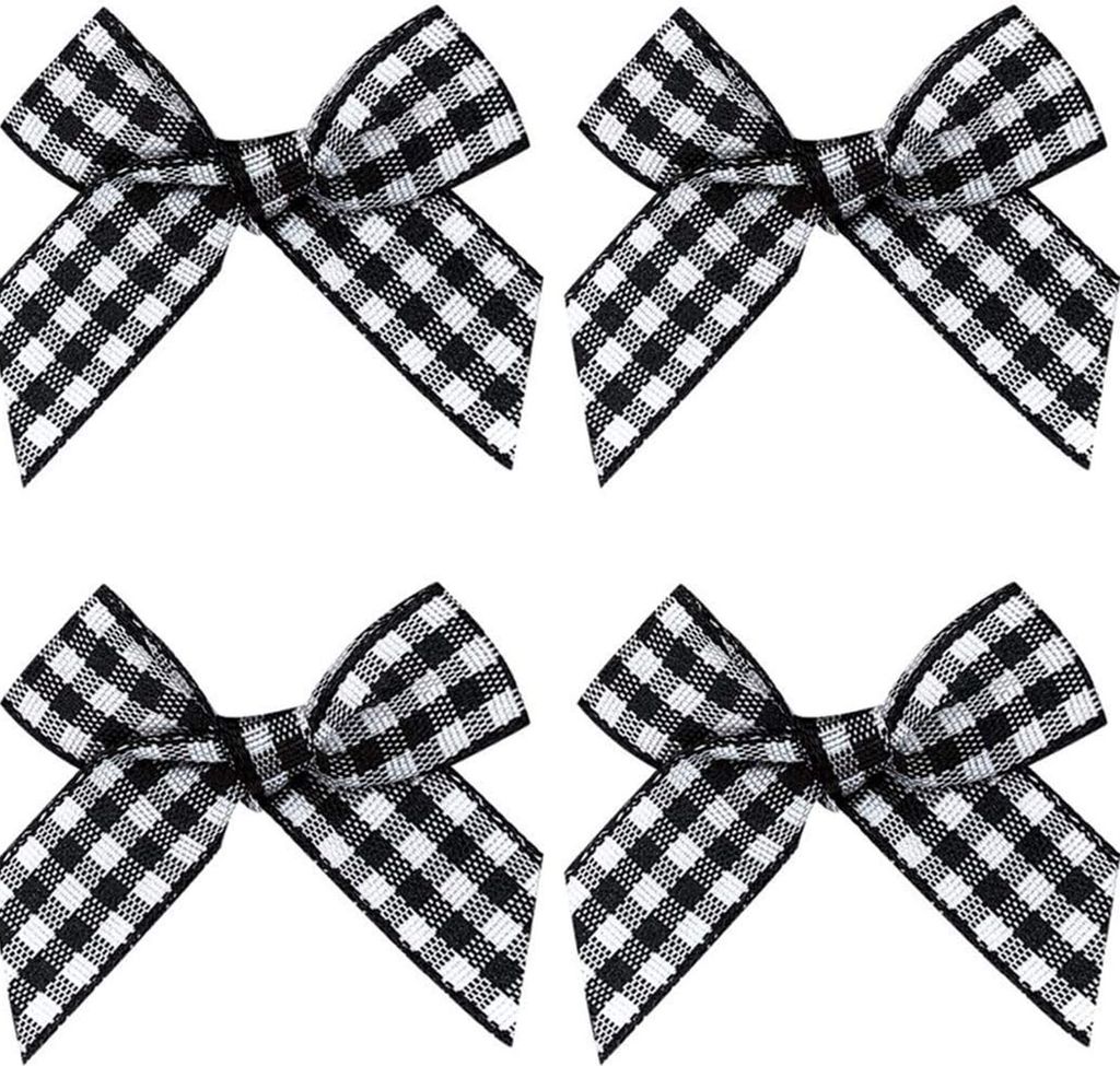 Gingham Craft Ribbon Bows Mini Checkered Ribbon Flowers Appliques for Sewing, Gift, DIY Craft, Wedding Decoration Ornament (Black, 48PCS)