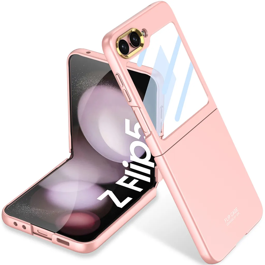 Custodia Samsung Z Flip 5 Rosa Sottile con Protezione Schermo e Obiettivo