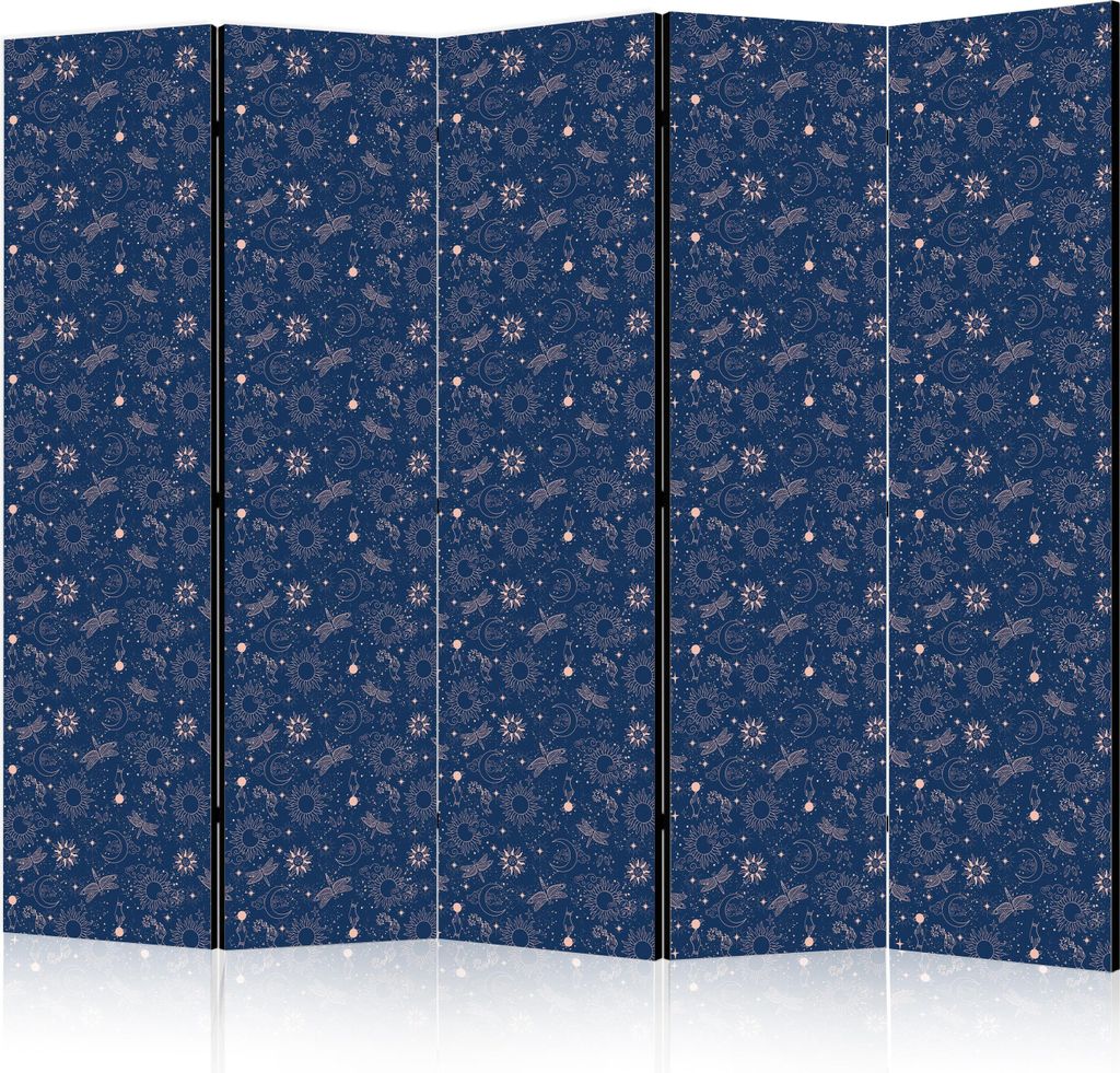 5-teiliger Einseitiger Vlies Paravent - Cosmic Fantasy - Pattern with Suns Moons and Dragonflies on a Dark Background 225x172 cm Muster f-B-10168-z-b
