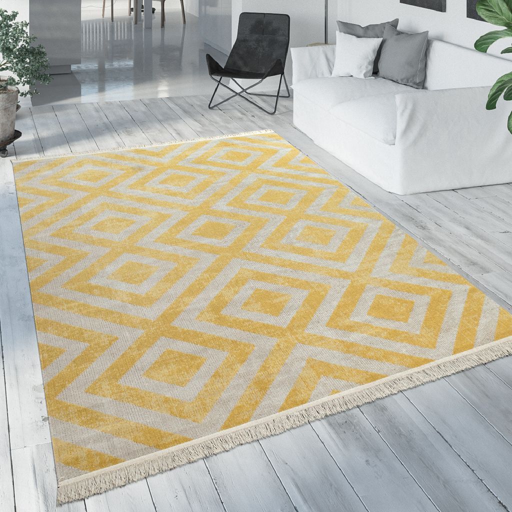 Moderner Outdoor Teppich Rauten-Muster Vintage-Look Flachgewebe Wetterfest Grösse 80x150 cm