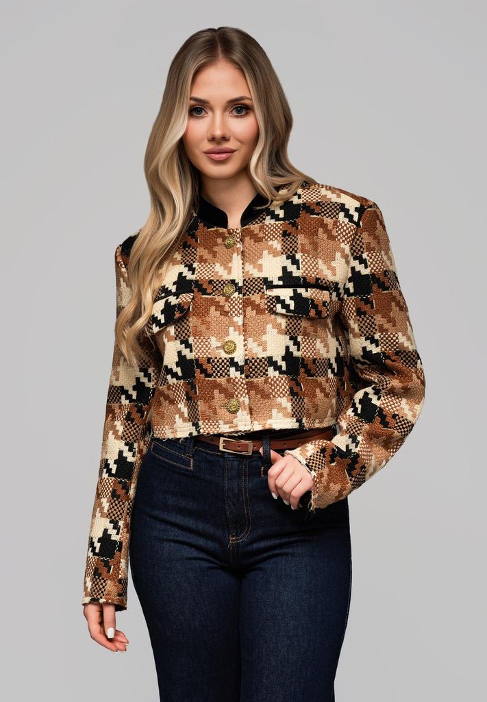 Kurze Damen-Jacke mit Stehkragen und Wolle - Braun