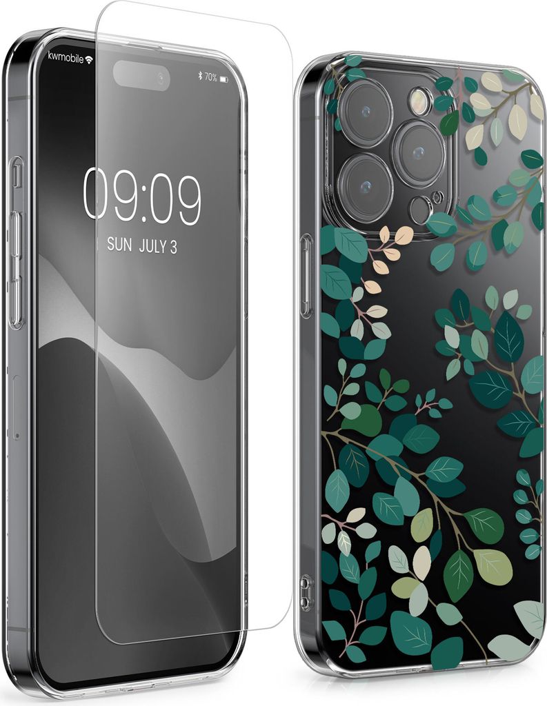 kwmobile Hülle kompatibel mit Apple iPhone 15 Pro Handyhülle - Silikon Case transparent - Mit Glas Schutzfolie - Frühlingsblätter Grün Transpa...