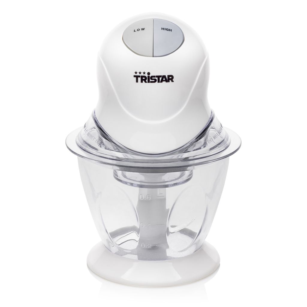 A white electric food chopper with a clear plastic bowl, set against a white background.