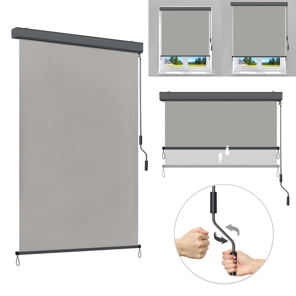 A collage of images showing a gray roller blind with a crank mechanism, demonstrating its installation and operation.