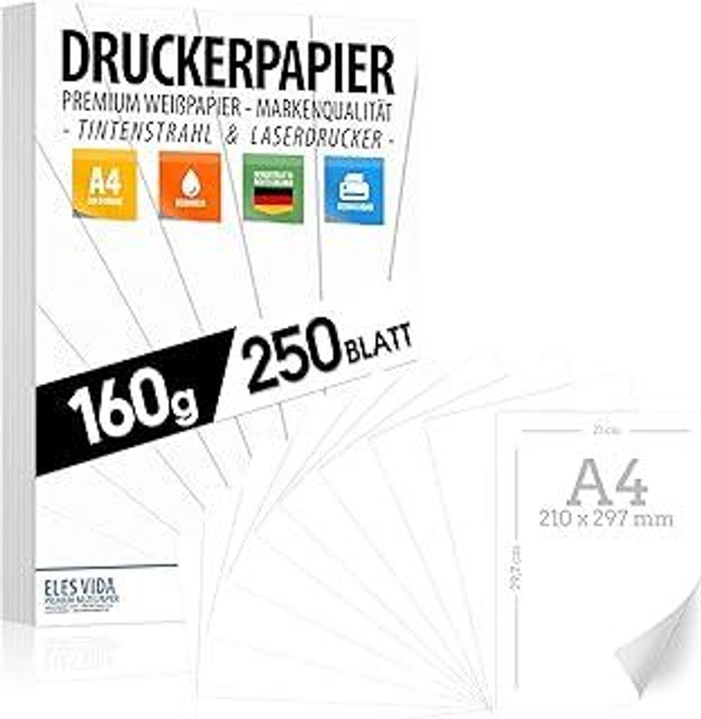 Druckerpapier A4 160g weiß - 250 Blatt – PREMIUM PAPIER Reinweiß - DIN A4-21 x 29,7 cm - Zeichenpapier dick,unbedruckt für Uni, Fotografie, Pr...