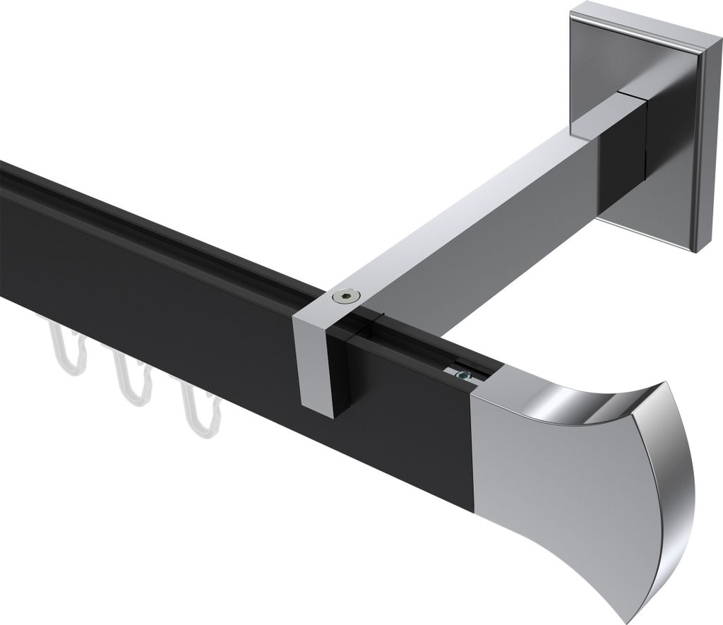 Interdeco Innenlaufstange / Gardinenstange mit Innenlauf Schwarz / Chrom, Typ Smartline Conex (Rundung), 14x35 mm 1-läufig, 180 cm