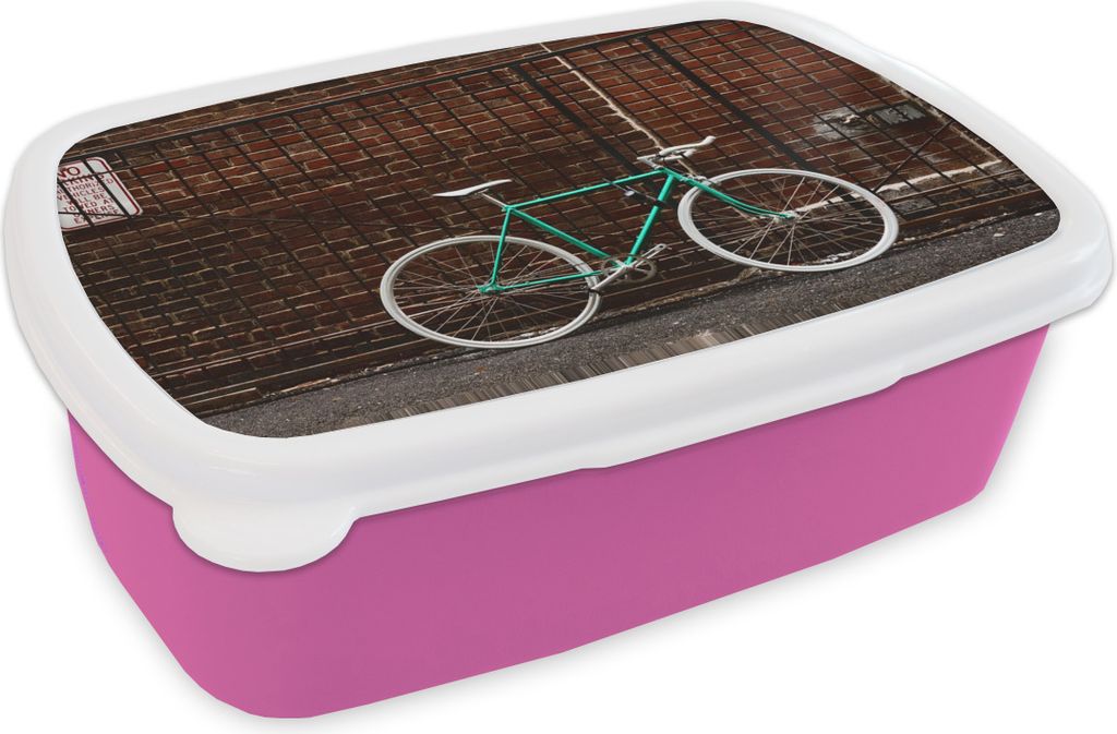 KitchenYeah Lunchbox Brotzeit Brotdose 17x11 cm Grünes Fahrrad vor dem Tor Kinder Brotzeitdose - Lunchpaket - Brotkasten - Sandwich Box