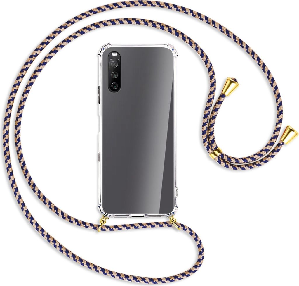 Handykette Backcover-Schutzhülle mit Band (Metall goldfarben) für Sony Xperia 10 III - blau+beige