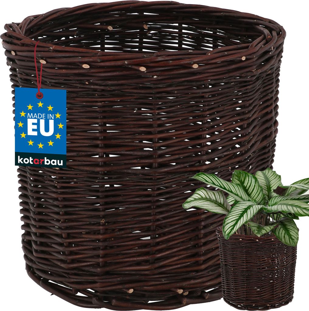 A woven basket with a plant inside, placed on a white background.