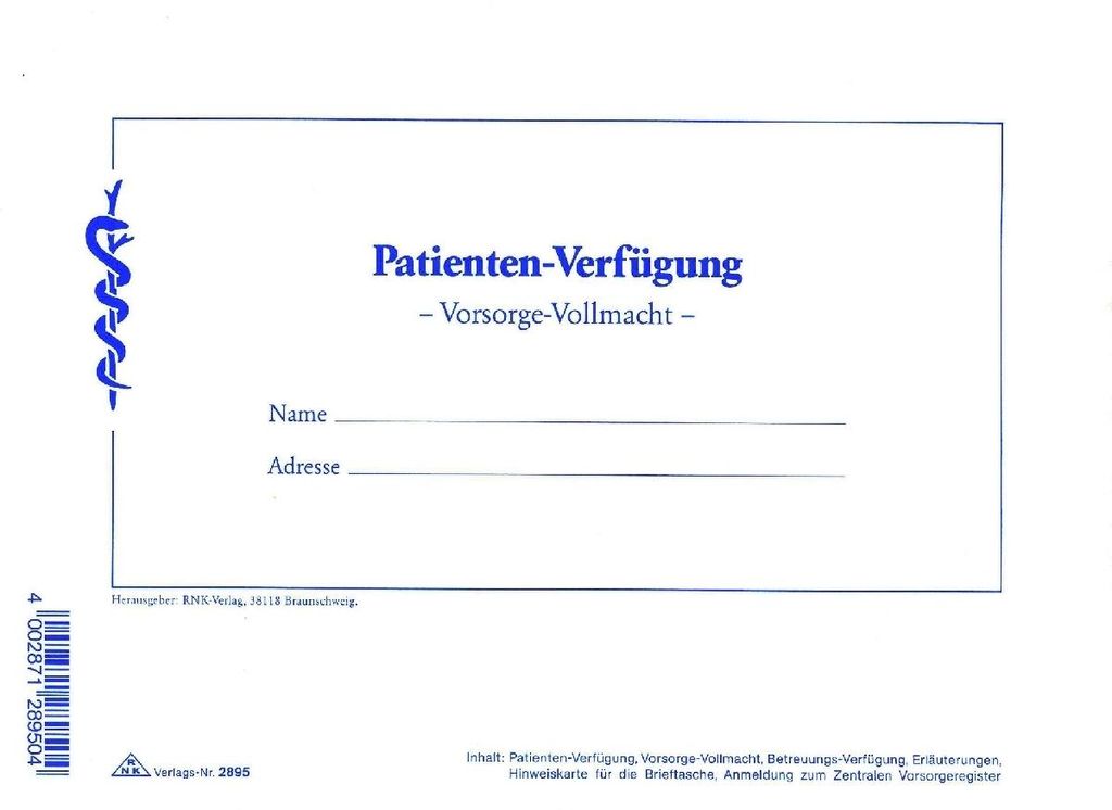 RNK Patientenverfügungs Set, Betreuungsverfügung, Produktbild 