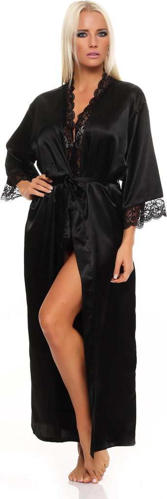 Damen langes Kimono Seidenrobe Morgenmantel; Schwarz S