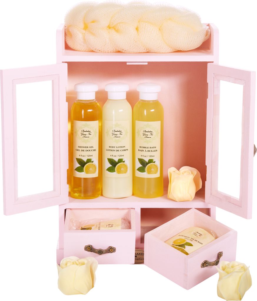 BRUBAKER Cosmetics - 10-teiliges Bade- und Pflege Set Geschenkset - Grüner Tee & Lemon - im Beauty-Schrank Rosa