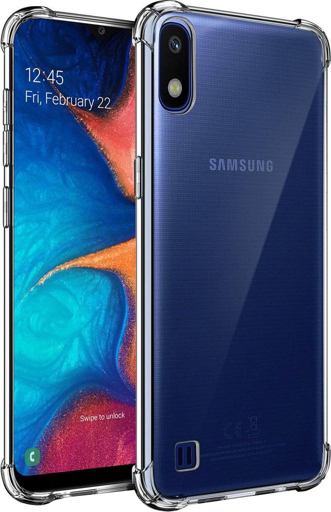 A clear product shot of a transparent phone case on a Samsung Galaxy A10 phone, shown from two angles.