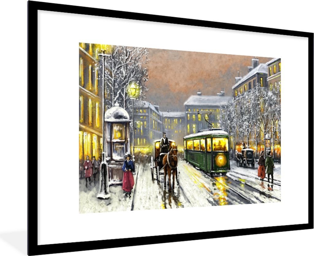 MuchoWow Gerahmtes Poster Gemälde - Ölgemälde - Winter - Straßenbahn - Pferd 90x60 cm - Poster mit Schwarzem Bilderrahmen Wandposter Rahmen F...