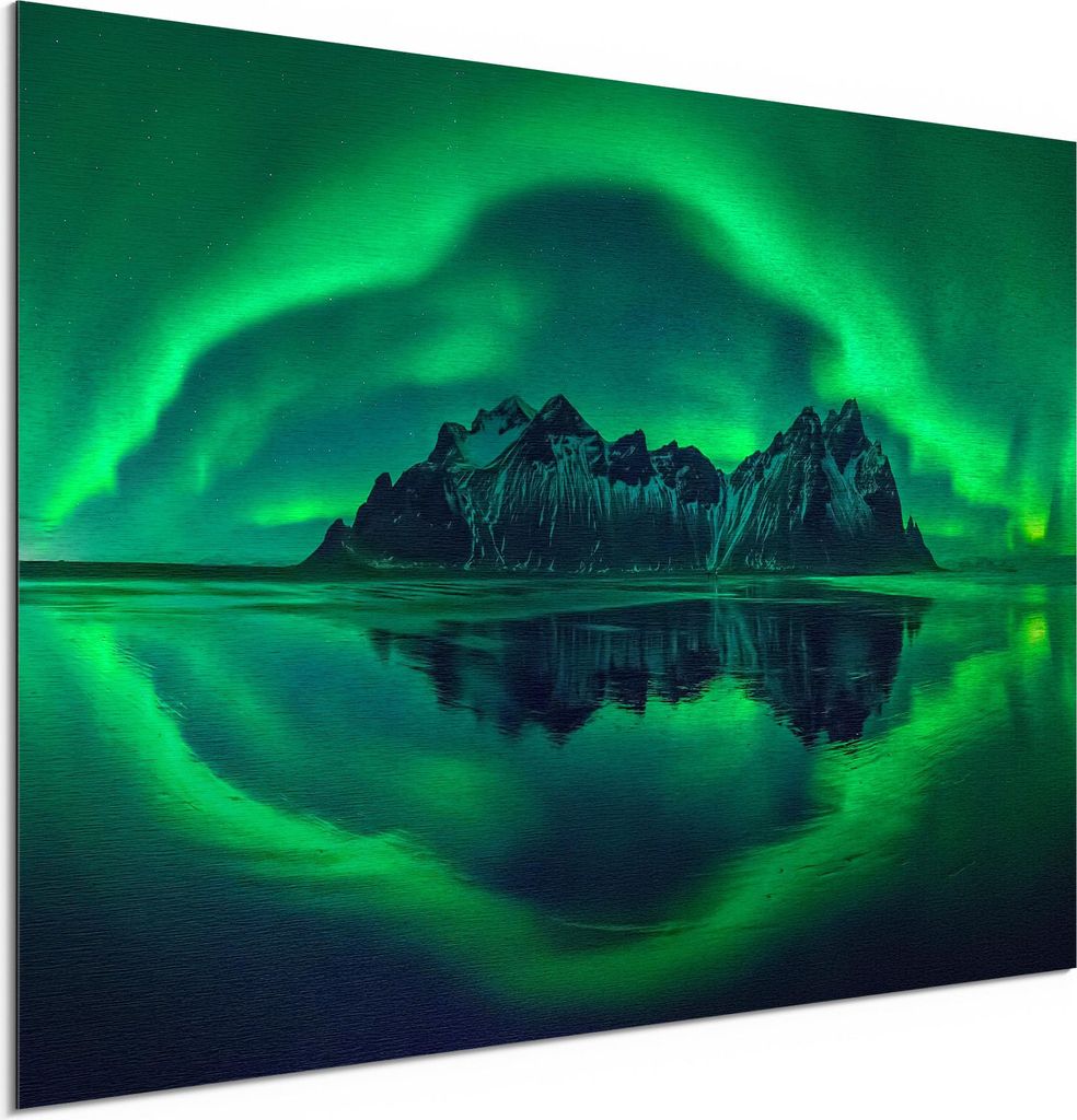 DEQORI Alu-Dibond Bild Silber 60x40 cm 'Vestrahorn im Polarlicht' Wandbild Metall dünn