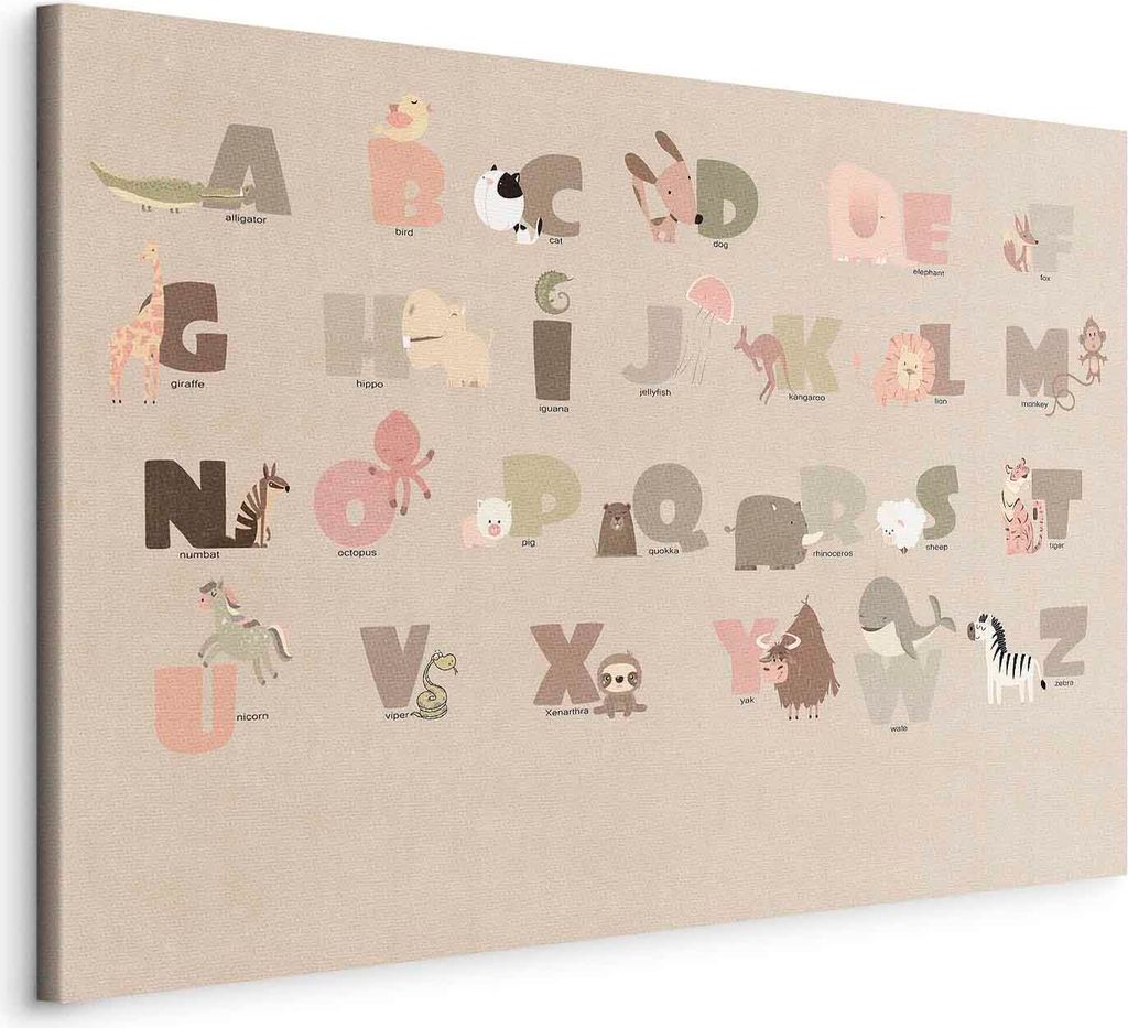 Italienischer Leinwand Leinwandbild - Alphabet at the Zoo - Joyful Animals and Their Names on a Beige Background 90x60 cm Für Kinder e-C-10066-b-a