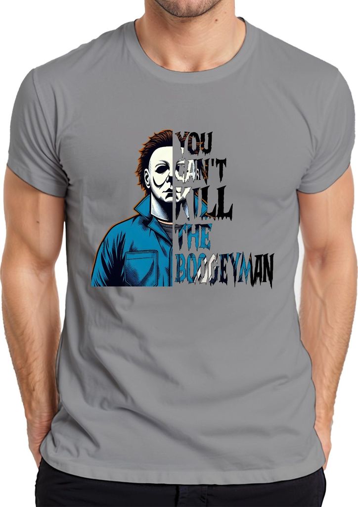 Boogeyman Halloween Spruch Mörder Horror Slasher Maske Retro Herren T-Shirt, Grau, S