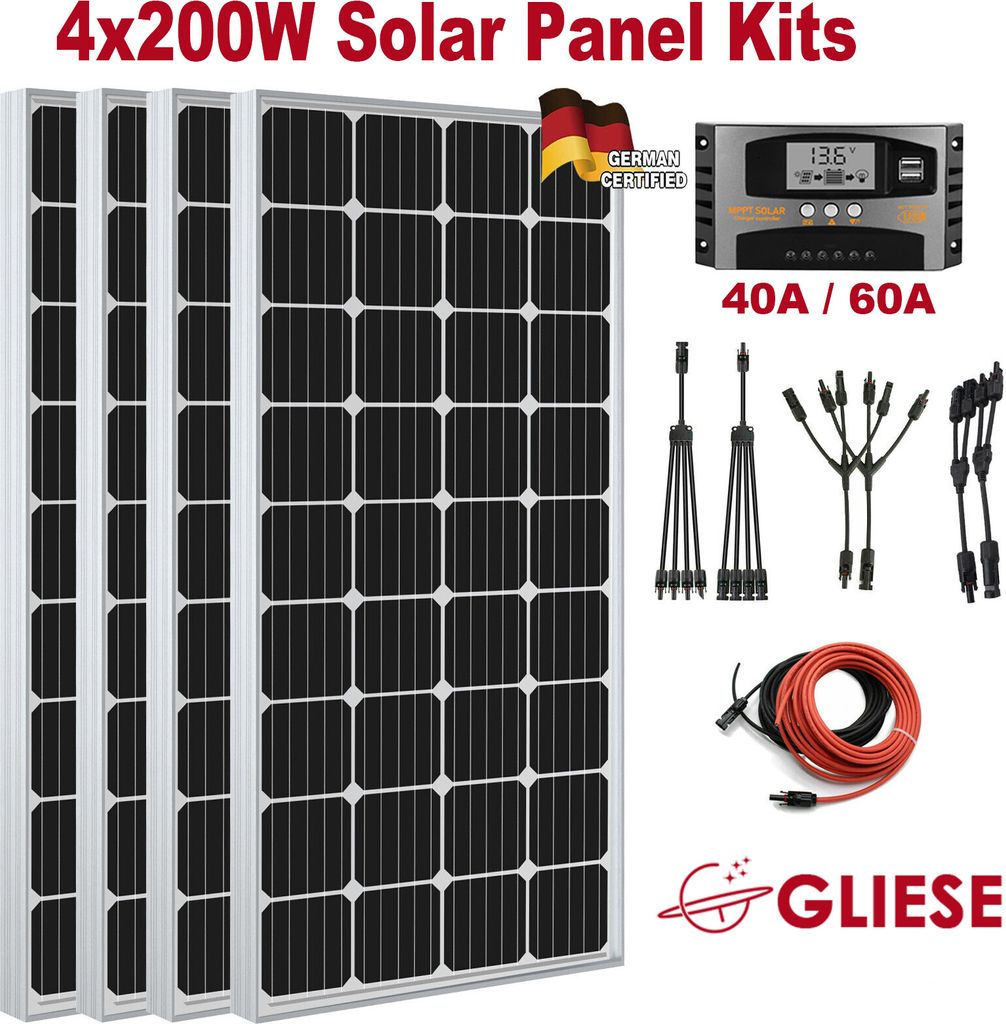 800W Monokristallin Solarpanel Solaranlage Komplettset Solar Set Photovoltaik Solarmodul für Balkonkraftwerk Wohnmobil Camp Boot